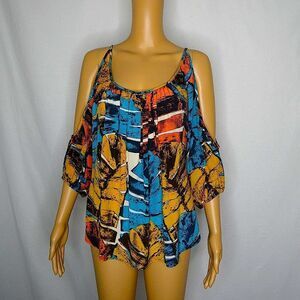 Akiko Silk Cold Shoulder Blouse 1/2 Sleeves Abstract Print Scoop Neck Marigold S